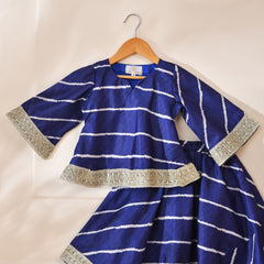 Girls Royal Blue Striped Kurta and Lehenga Set