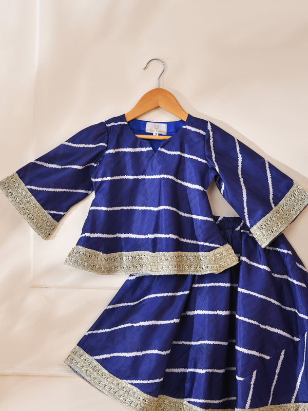 Girls Royal Blue Striped Kurta and Lehenga Set