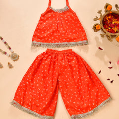 Girls Orange Printed Festive Top and Palazzo Set