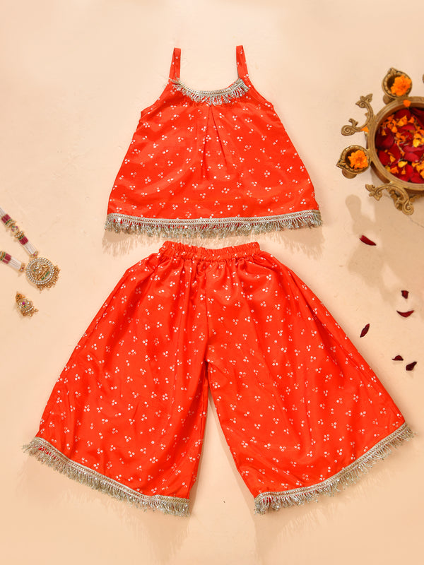 Girls Orange Printed Festive Top and Palazzo Set