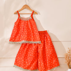 Girls Orange Printed Festive Top and Palazzo Set