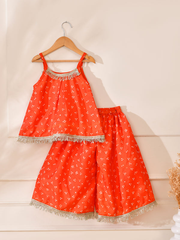 Girls Orange Printed Festive Top and Palazzo Set
