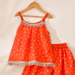 Girls Orange Printed Festive Top and Palazzo Set