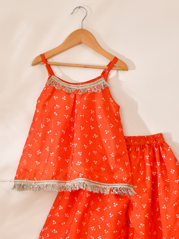 Girls Orange Printed Festive Top and Palazzo Set