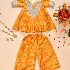 Girls Mustard Yellow Bandhani Kurta and Palazzo Set
