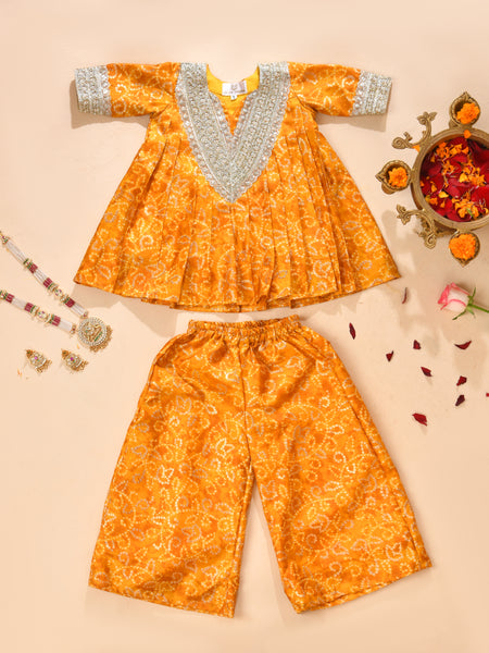 Girls Mustard Yellow Bandhani Kurta and Palazzo Set
