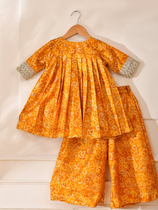 Girls Mustard Yellow Bandhani Kurta and Palazzo Set