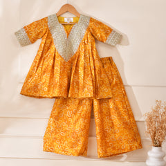 Girls Mustard Yellow Bandhani Kurta and Palazzo Set