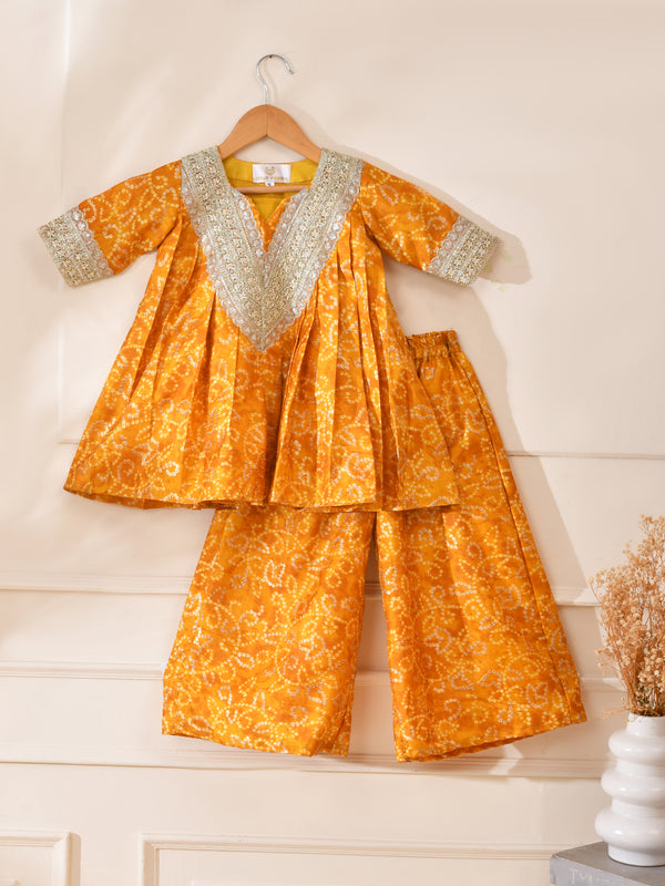 Girls Mustard Yellow Bandhani Kurta and Palazzo Set