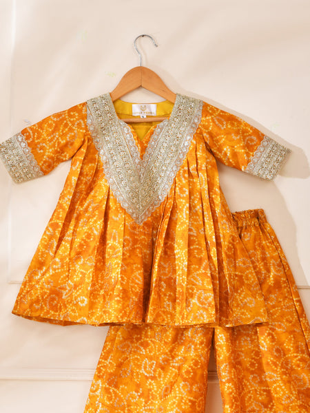 Girls Mustard Yellow Bandhani Kurta and Palazzo Set