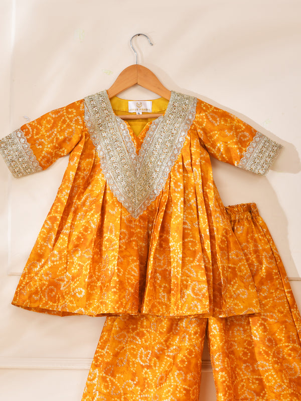 Girls Mustard Yellow Bandhani Kurta and Palazzo Set