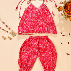 Girls Red Bandhani Print Top and Pant Set