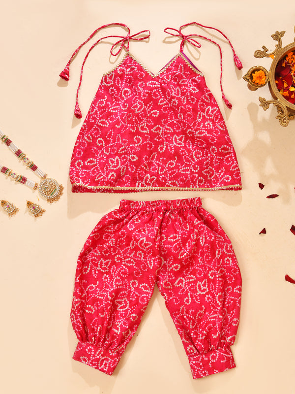 Girls Red Bandhani Print Top and Pant Set