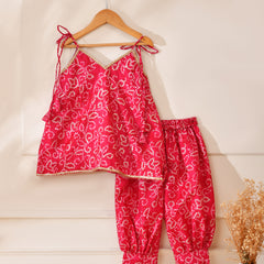 Girls Red Bandhani Print Top and Pant Set