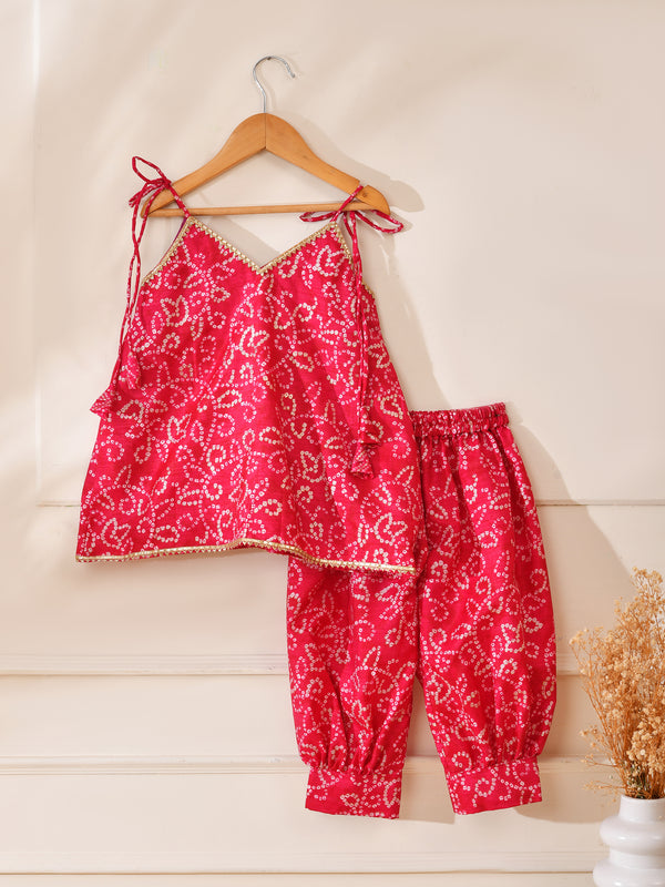 Girls Red Bandhani Print Top and Pant Set