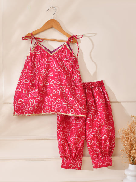 Girls Red Bandhani Print Top and Pant Set
