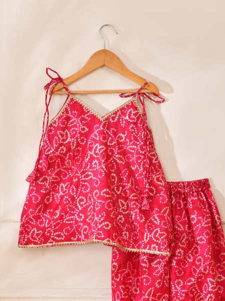 Girls Red Bandhani Print Top and Pant Set