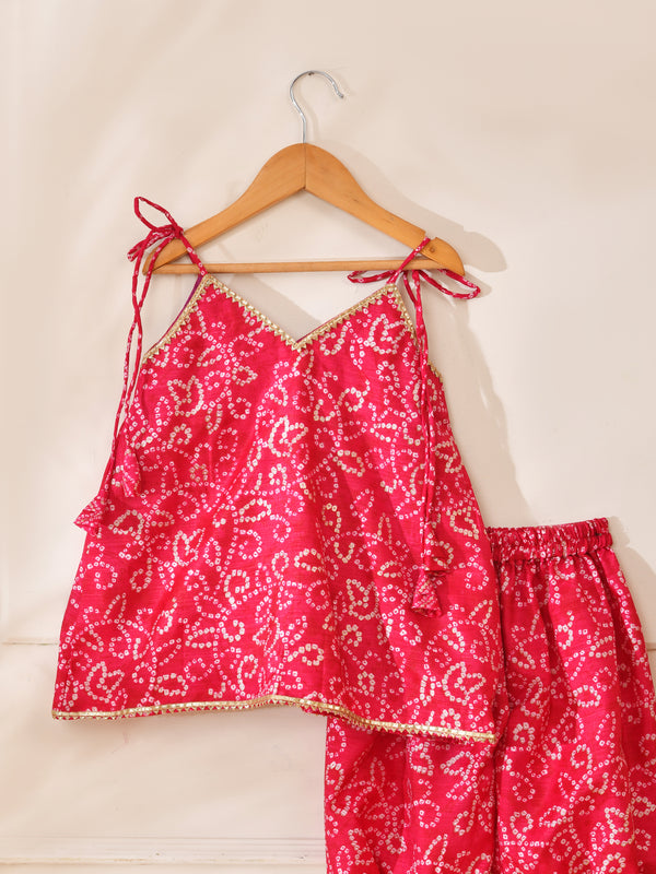 Girls Red Bandhani Print Top and Pant Set
