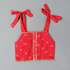 Girls Red Floral Kota Doriya Top and Flared Skirt Set