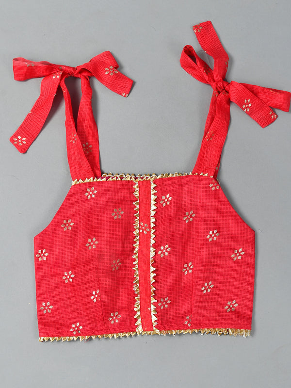 Girls Red Floral Kota Doriya Top and Flared Skirt Set