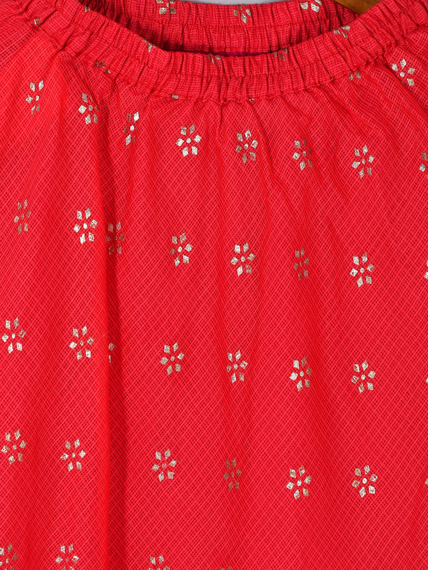Girls Red Floral Kota Doriya Top and Flared Skirt Set