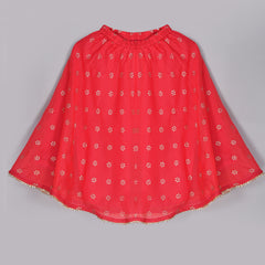 Girls Red Floral Kota Doriya Top and Flared Skirt Set