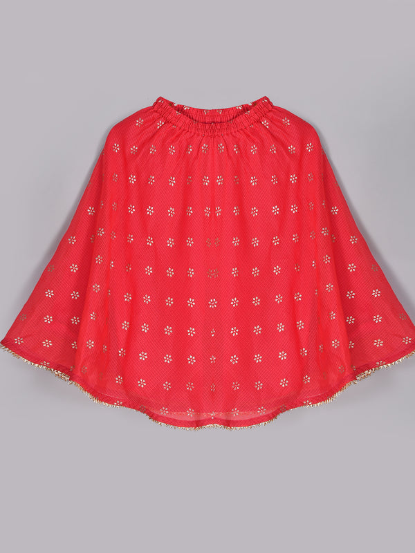 Girls Red Floral Kota Doriya Top and Flared Skirt Set
