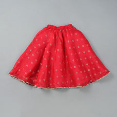Girls Red Floral Kota Doriya Top and Flared Skirt Set
