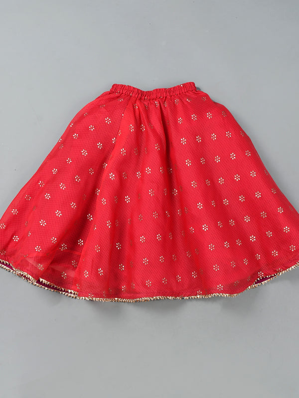 Girls Red Floral Kota Doriya Top and Flared Skirt Set