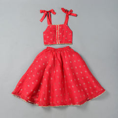 Girls Red Floral Kota Doriya Top and Flared Skirt Set