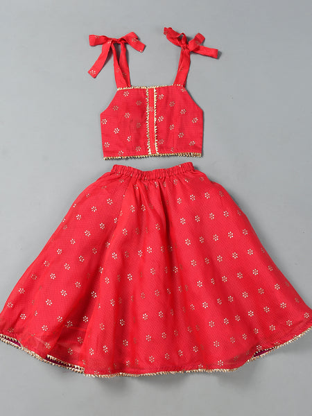 Girls Red Floral Kota Doriya Top and Flared Skirt Set