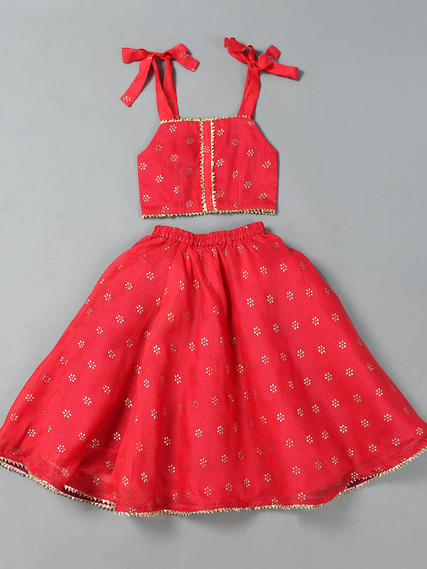 Girls Red Floral Kota Doriya Top and Flared Skirt Set