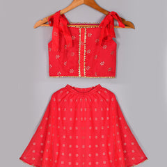 Girls Red Floral Kota Doriya Top and Flared Skirt Set