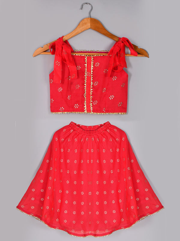 Girls Red Floral Kota Doriya Top and Flared Skirt Set