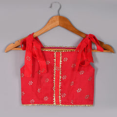 Girls Red Floral Kota Doriya Top and Flared Skirt Set