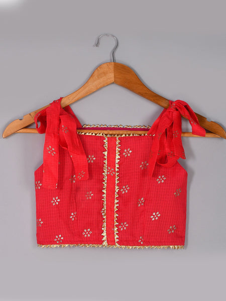 Girls Red Floral Kota Doriya Top and Flared Skirt Set
