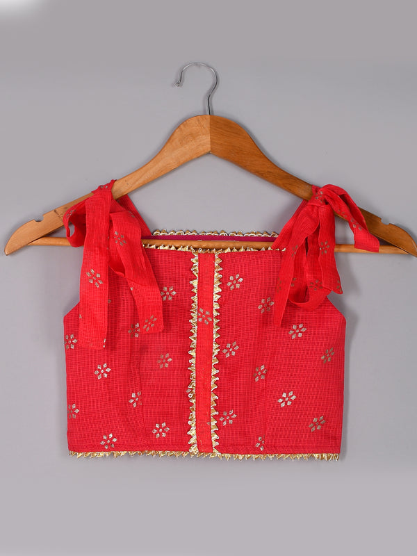 Girls Red Floral Kota Doriya Top and Flared Skirt Set