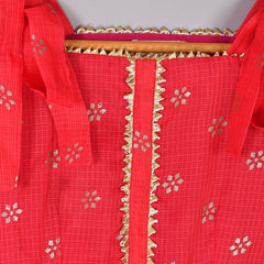 Girls Red Floral Kota Doriya Top and Flared Skirt Set