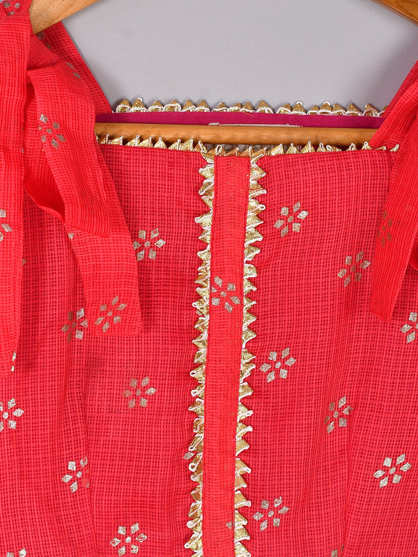 Girls Red Floral Kota Doriya Top and Flared Skirt Set