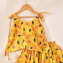 Girls Yellow Lotus Print Lehenga Set with Tie-Up Top