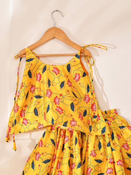 Girls Yellow Lotus Print Lehenga Set with Tie-Up Top