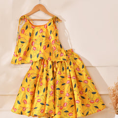 Girls Yellow Lotus Print Lehenga Set with Tie-Up Top