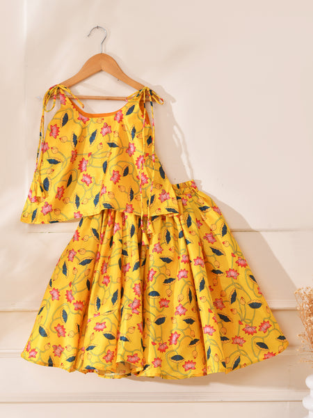 Girls Yellow Lotus Print Lehenga Set with Tie-Up Top