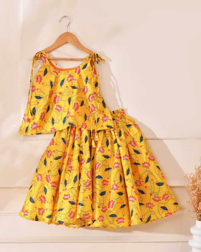Girls Yellow Lotus Print Lehenga Set with Tie-Up Top