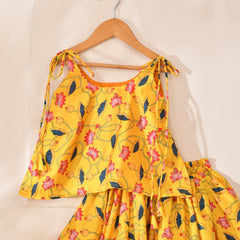 Girls Yellow Lotus Print Lehenga Set with Tie-Up Top
