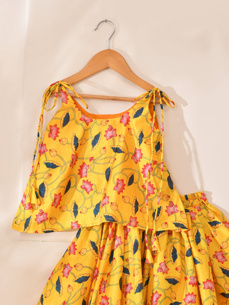 Girls Yellow Lotus Print Lehenga Set with Tie-Up Top