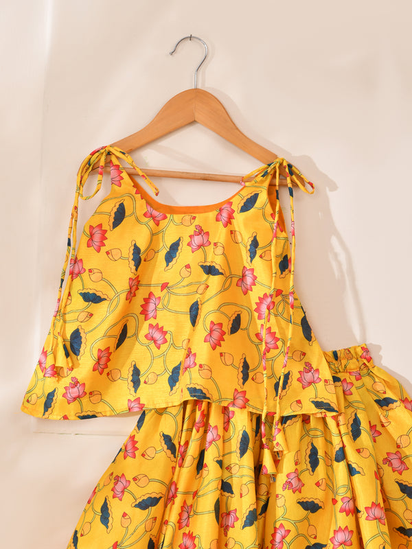 Girls Yellow Lotus Print Lehenga Set with Tie-Up Top