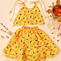 Girls Yellow Lotus Print Lehenga Set with Tie-Up Top