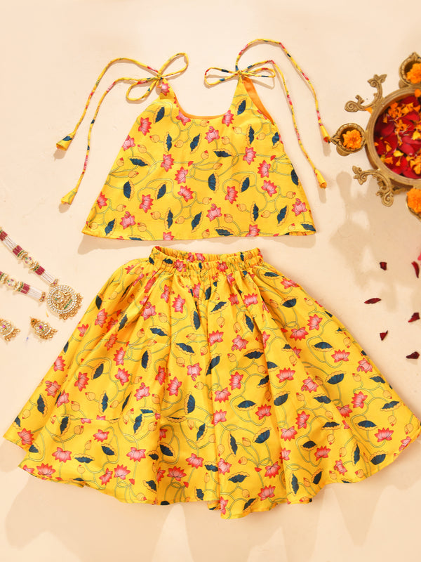 Girls Yellow Lotus Print Lehenga Set with Tie-Up Top