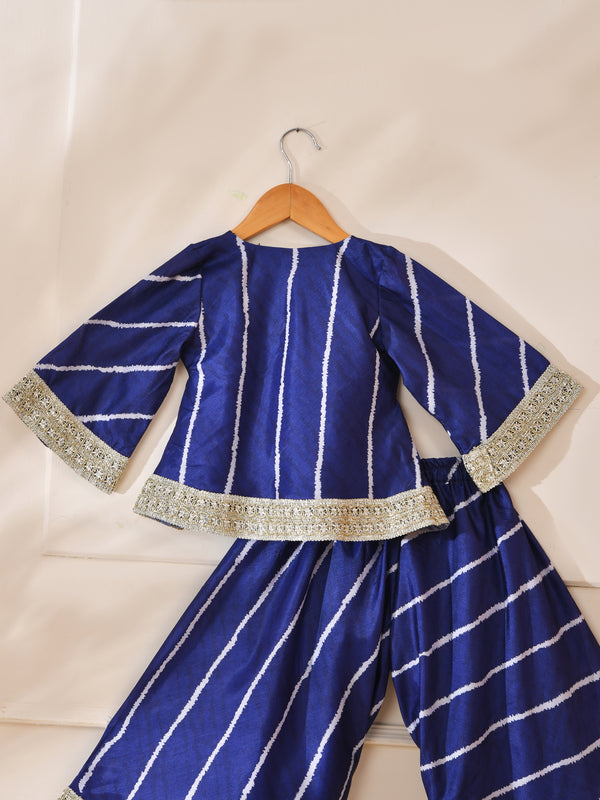 Girls Blue Striped Kurta and Palazzo Set with Lace